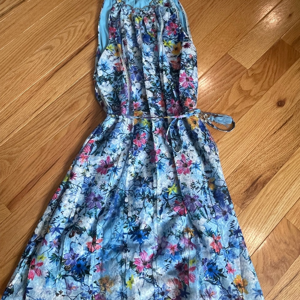 T Tahari Blue and Purple Pleated Tie Front Sundress